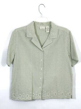 ERIKA Short Sleeve Casual Button Down Shirt Floral Embroidered Green Plaid PL